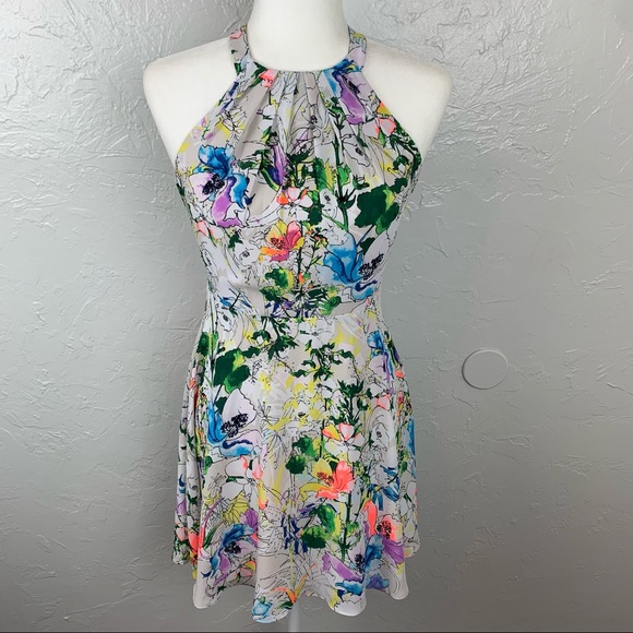 Express Neon Floral high neck skater mini dress 4 - Picture 9 of 11